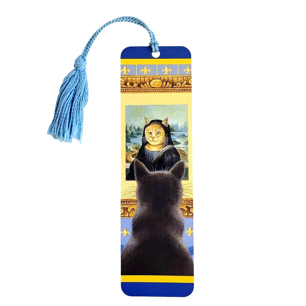 Vintage 90s Mona Lisa Cat Bookmark, Elizabeth King Brownd art, 1993 Antioch EB03